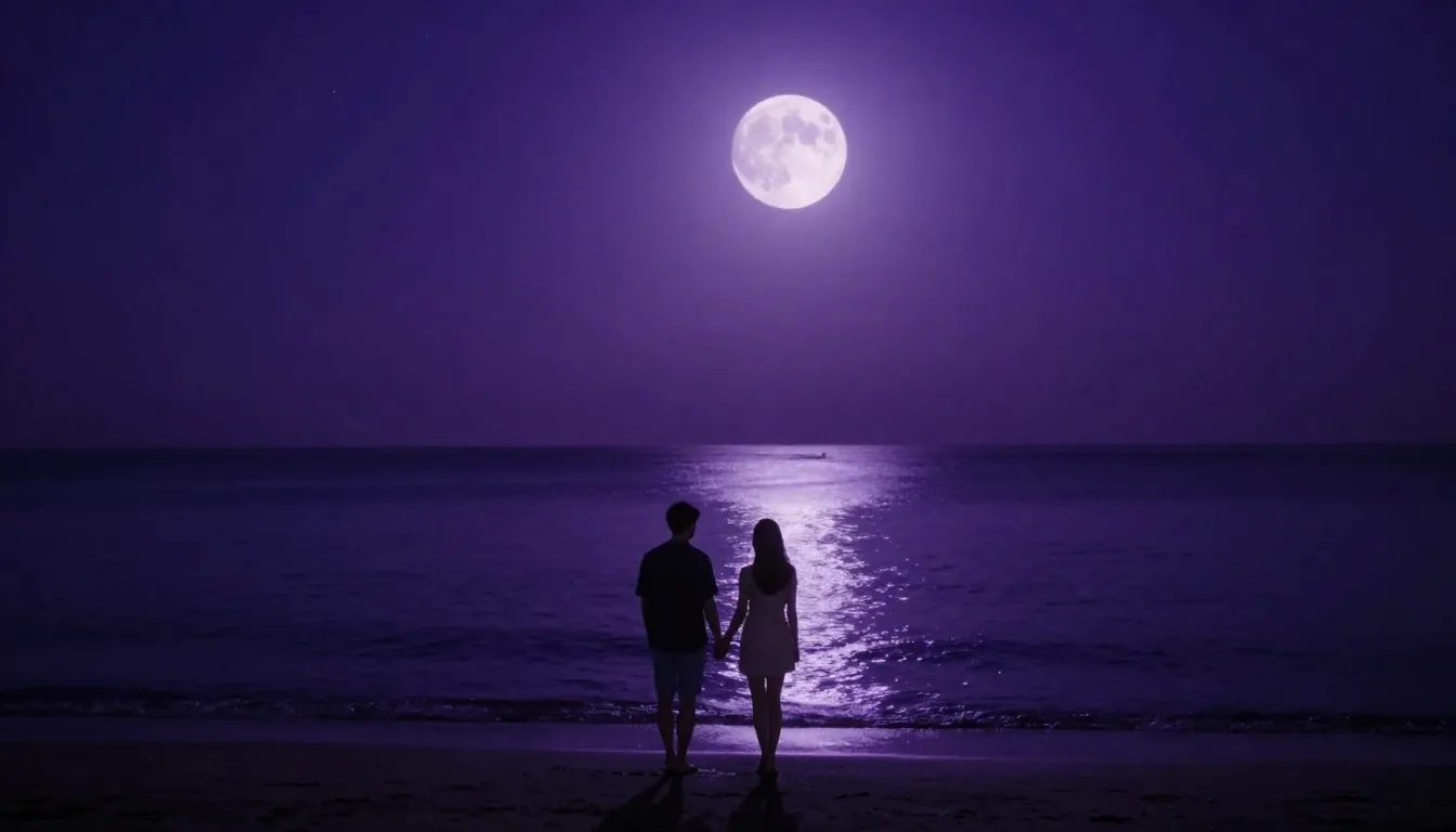 A romantic couple walking on a night beach, violet glowing s...