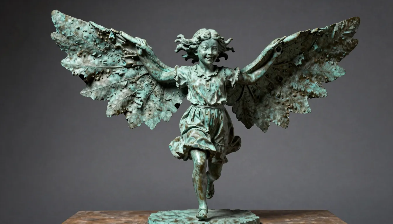 A detailed bronze sculpture of a young girl in dynamic motio...