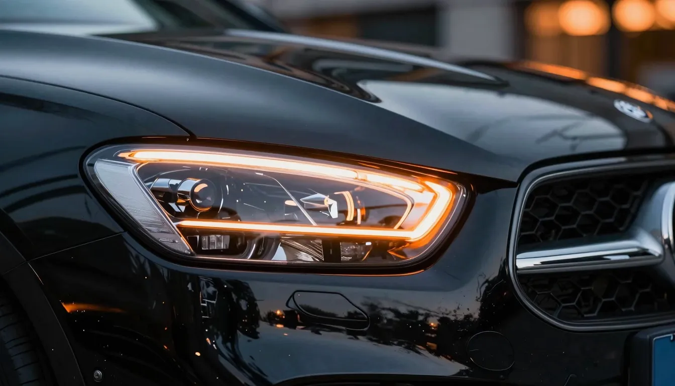 Macro photography of a black car headlight and front grille ...