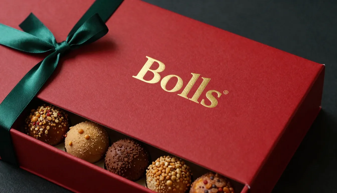 Premium food packaging for 'Bolls'. A sleek matte scarlet re...