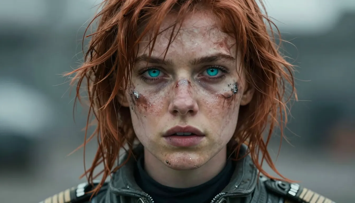 Close-up portrait of a 20-year-old female pilot, copper mess...