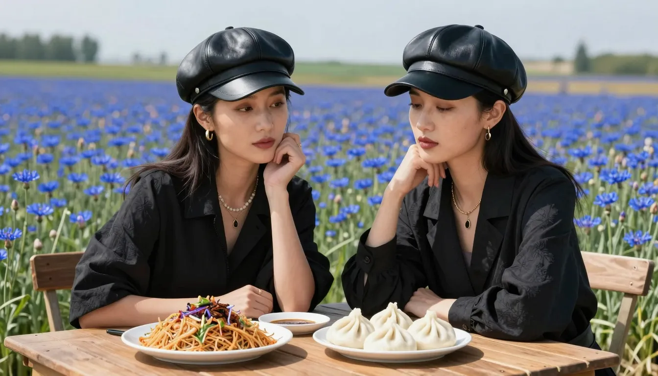Two stylish Chinese women sitting at a wooden table in a fie...