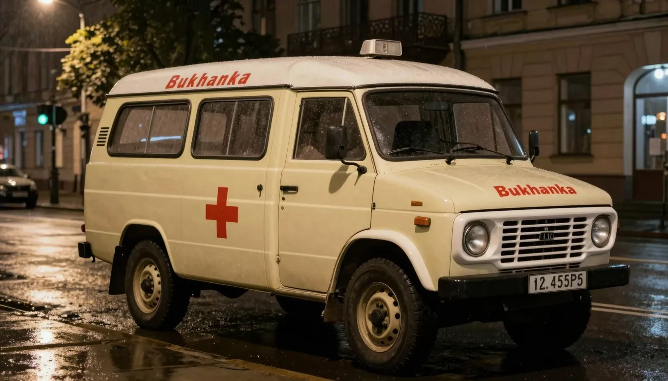 Vintage Soviet ambulance UAZ-452 'Bukhanka' with a red cross...