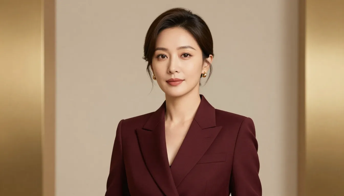 Professional woman mentor portrait, elegant burgundy suit, c...