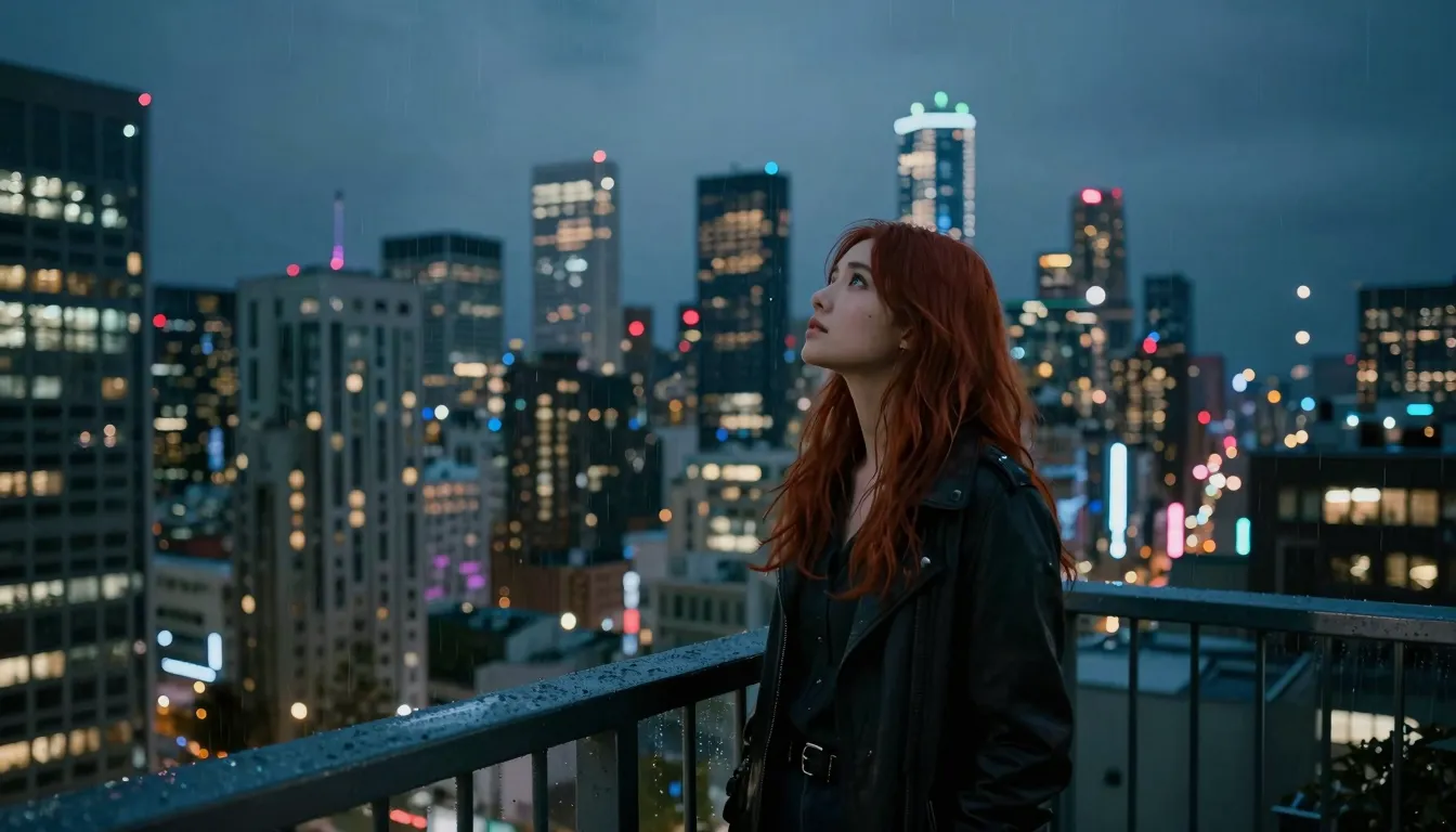 A young woman with auburn hair standing on a high balcony ov...
