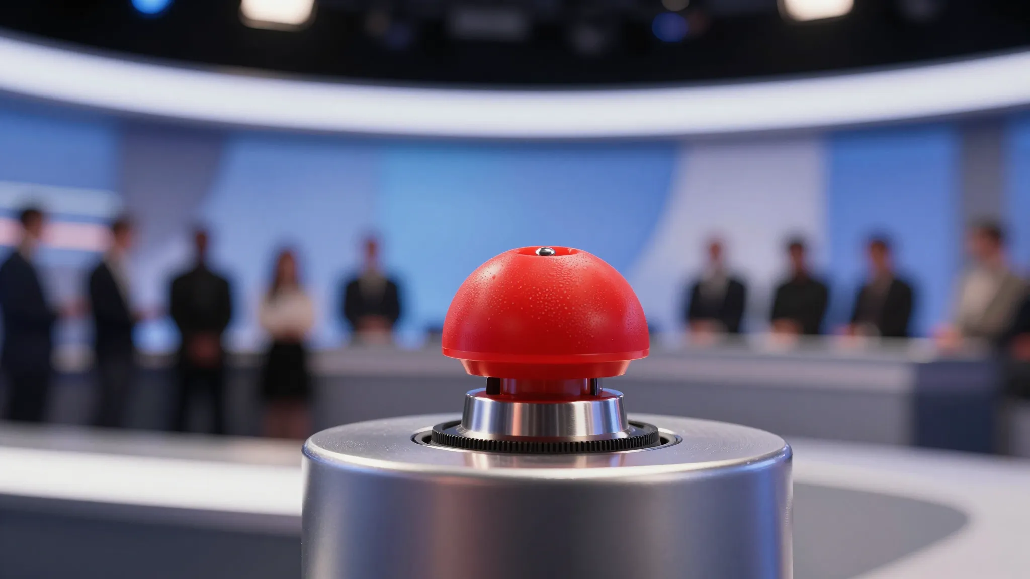 A large red buzzer button on a sleek metallic stand in a pro...