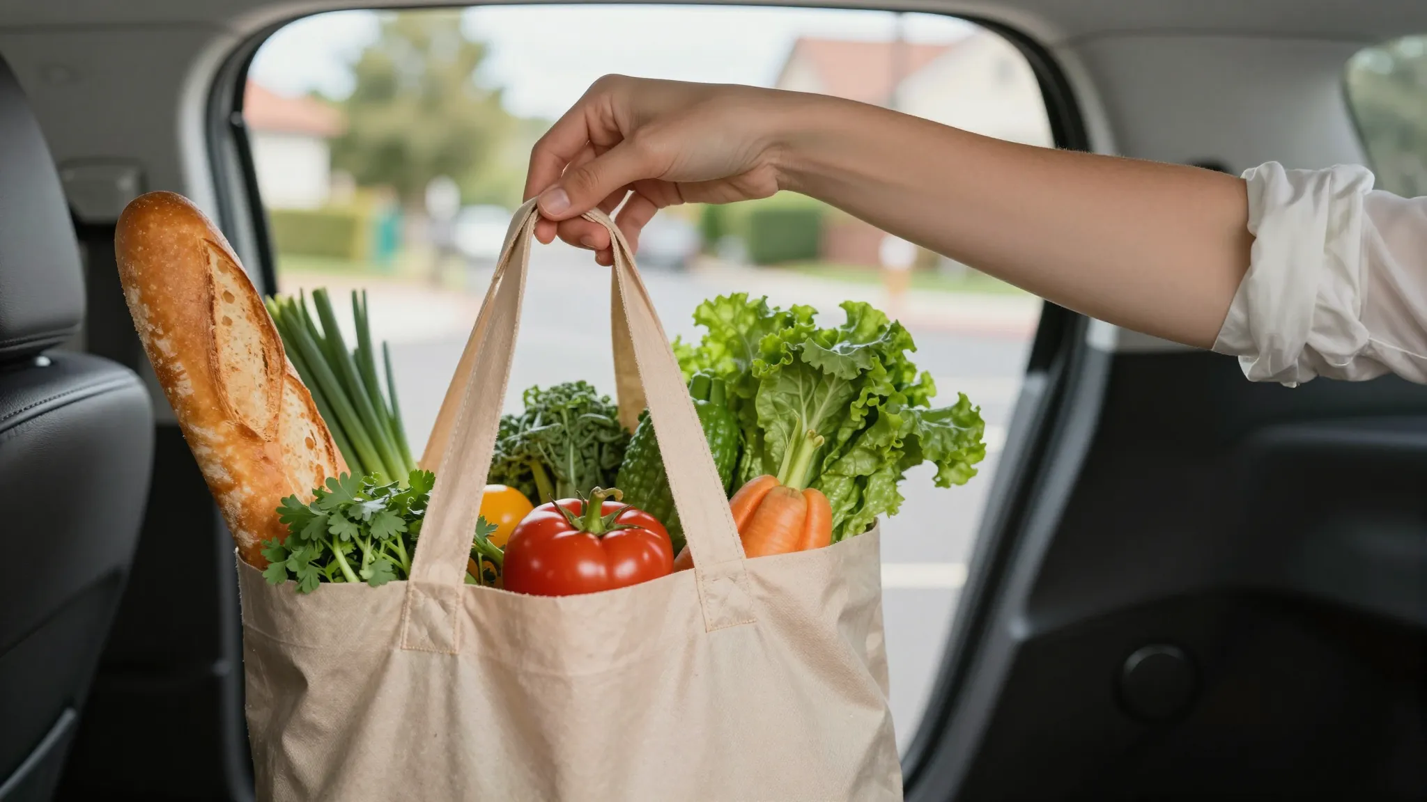 Close-up shot of a person's hands lifting a grocery bag full...