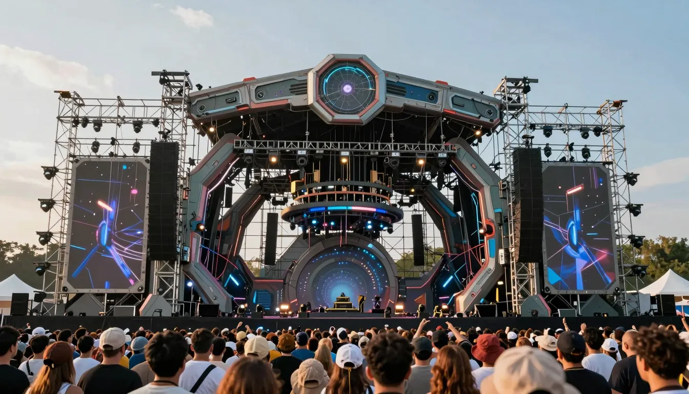 A colossal futuristic festival stage, view from the back sho...