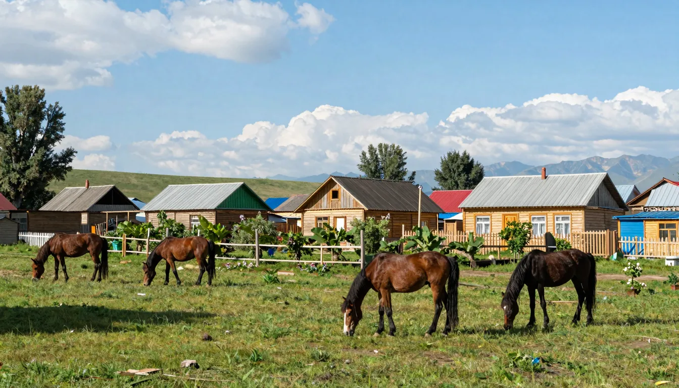 A peaceful rural scene in Kyrgyzstan, traditional houses wit...