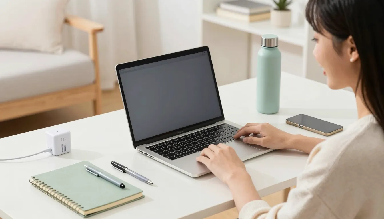 A neatly organized desk with a stylish laptop, branded noteb...