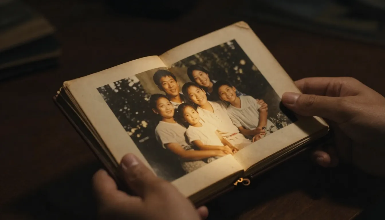 Close-up of hands holding an old, worn-out photo album in a ...
