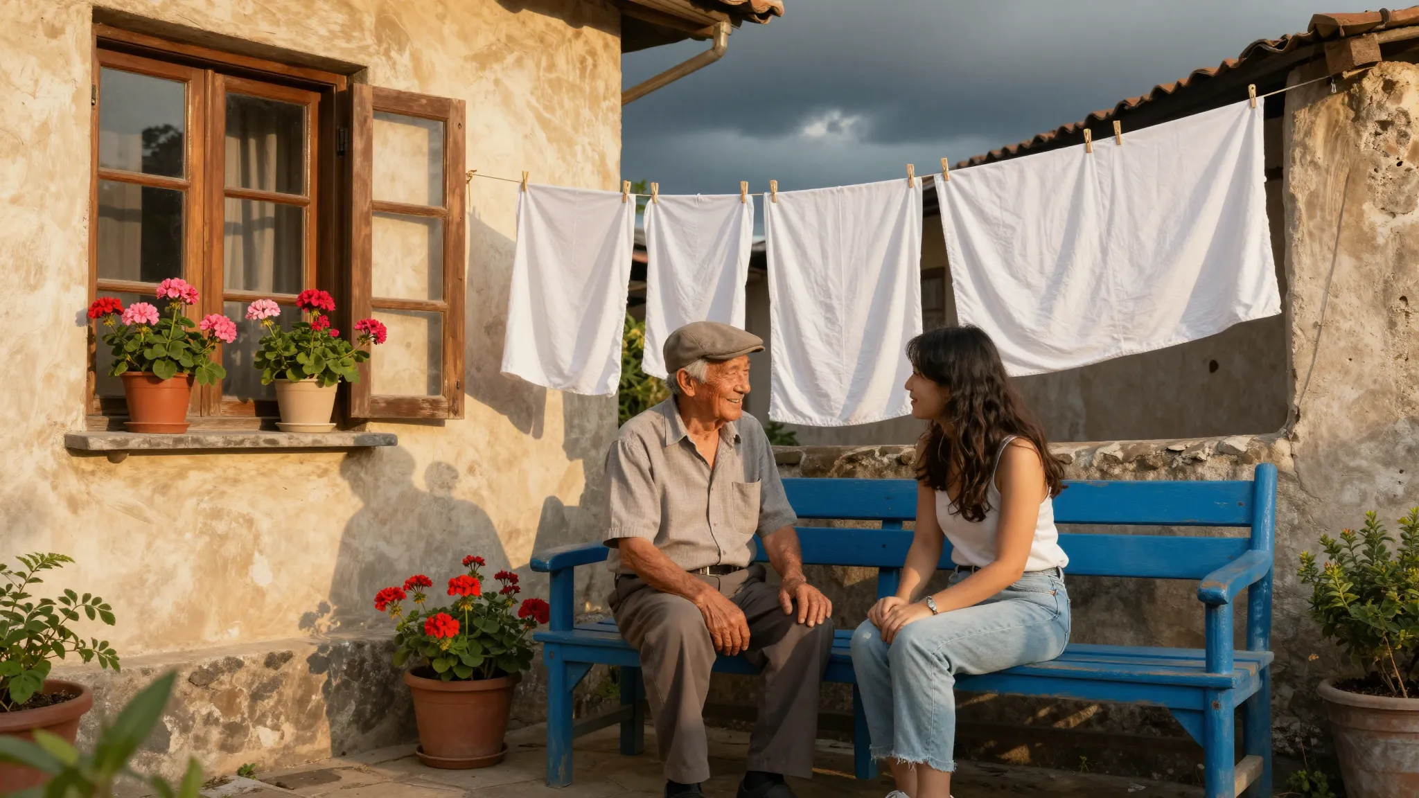 A cozy old courtyard with geraniums in pots on the windowsil...