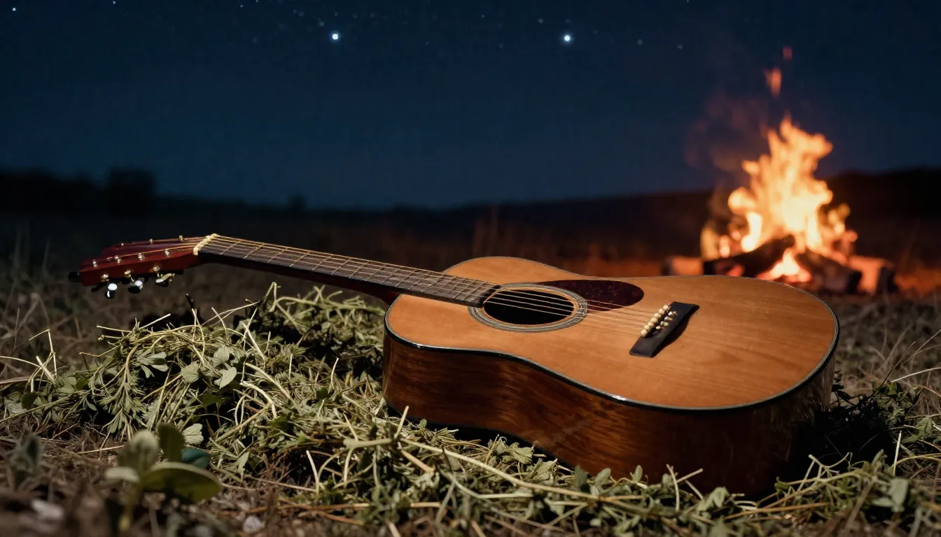 Album cover design, a wooden acoustic guitar lying on a bed ...