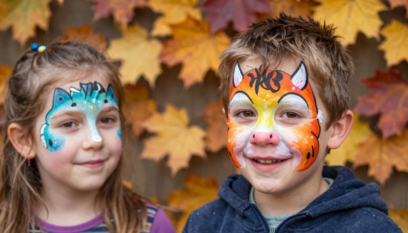 Children with colorful face painting, autumn leaves backgrou...