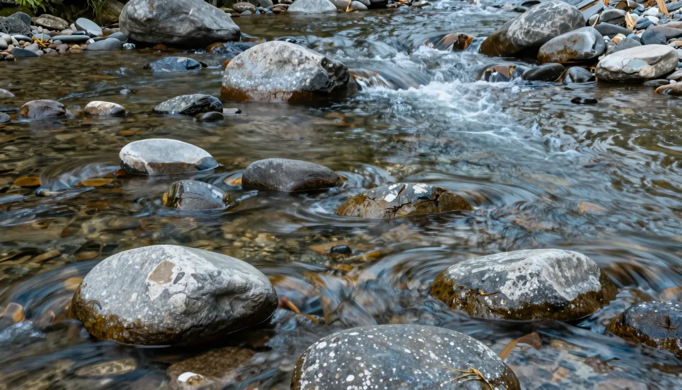 A serene landscape with a flowing clear river among smooth s...