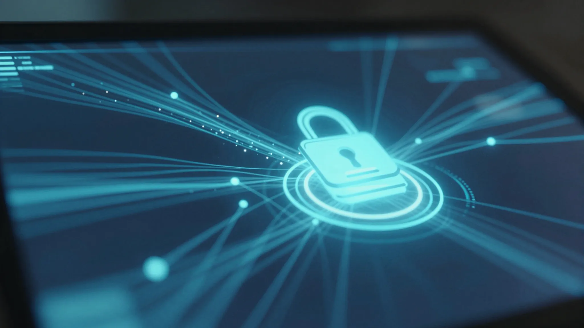 A futuristic glowing computer screen showing a digital conne...