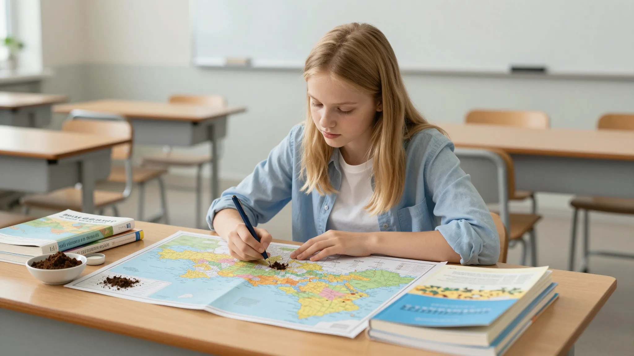 Cinematic shot, a young female student with blonde hair sitt...