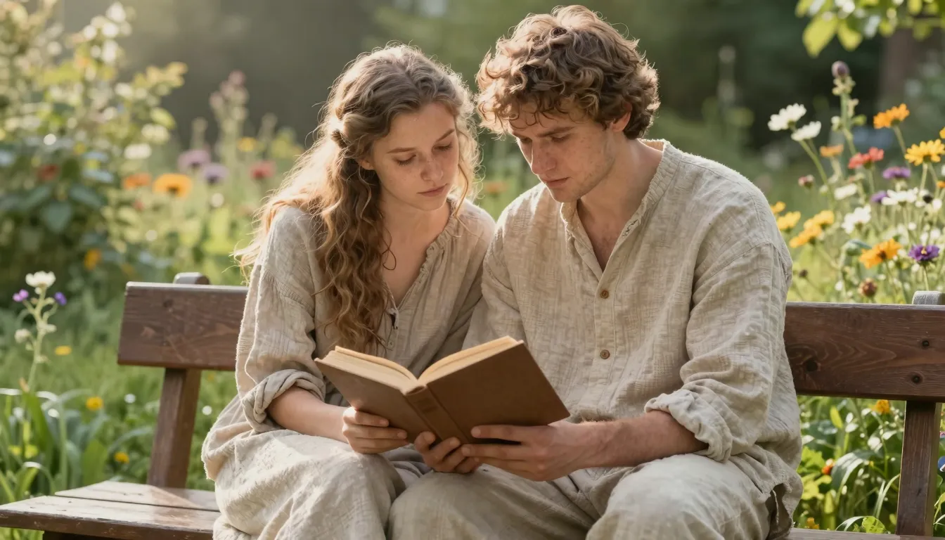 A Slavic man and woman in simple linen clothes sitting close...