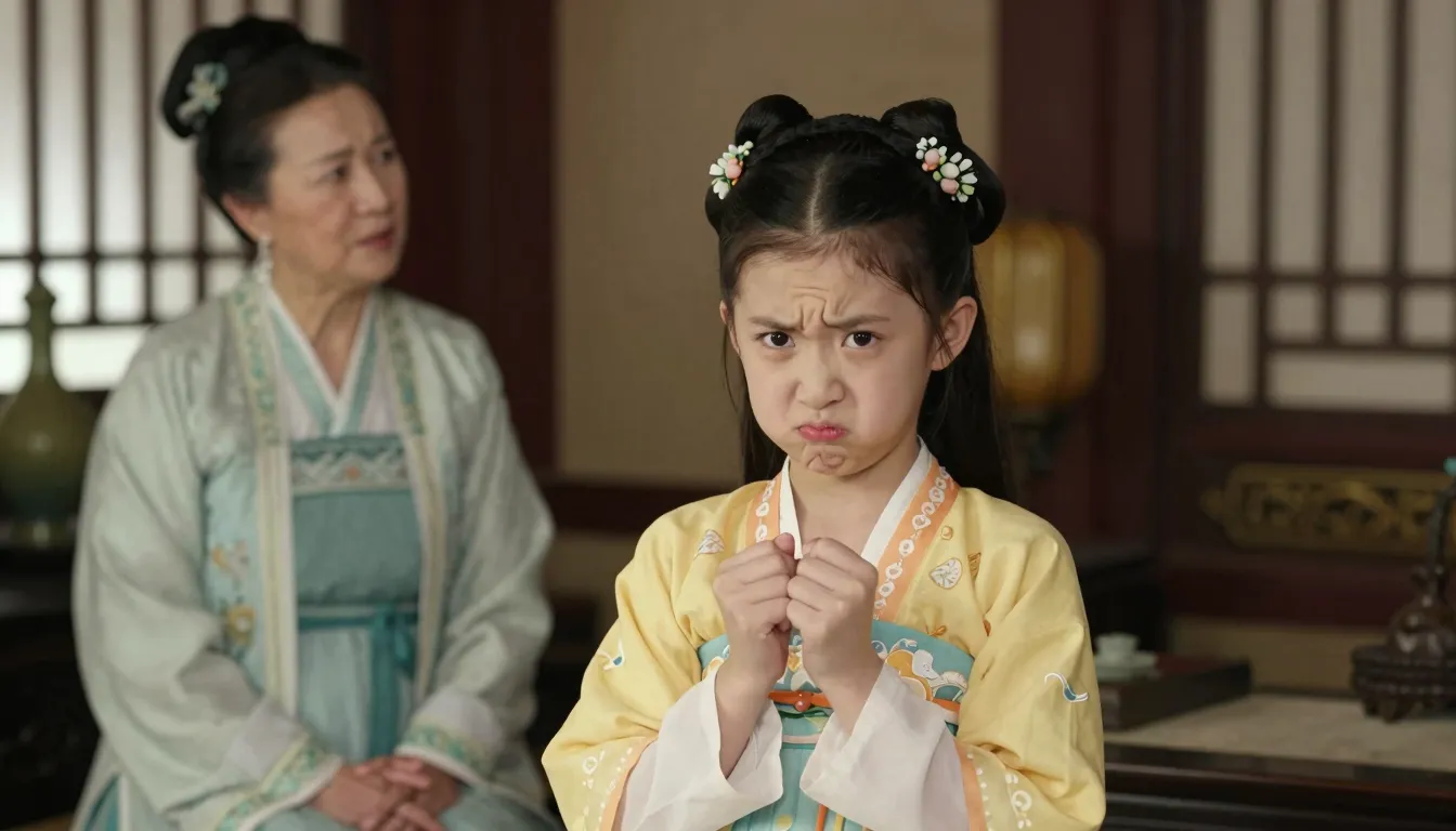 A young Chinese girl in a bright hanfu pouting and looking g...