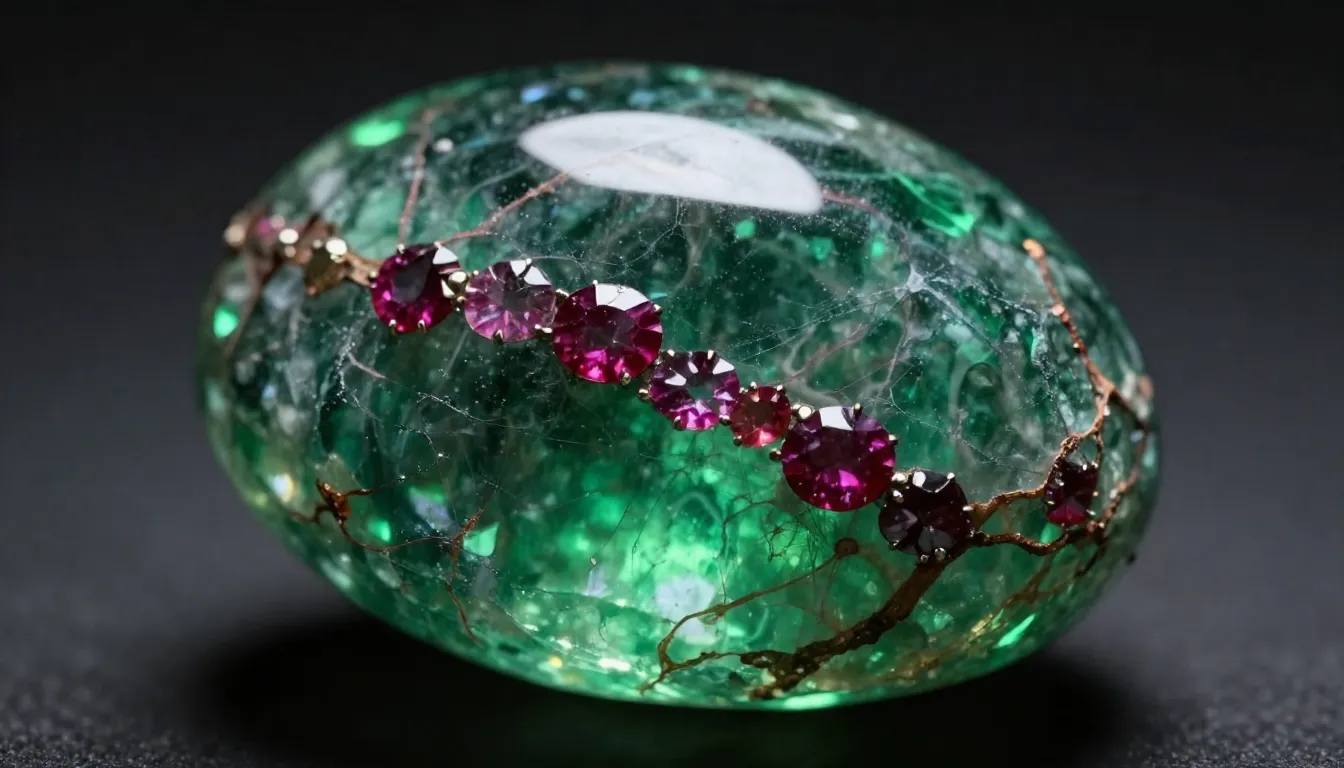 A mystical close-up of a green zoisite stone with red ruby i...