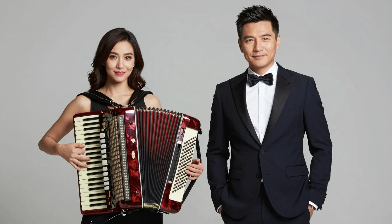 A stylish promotional photo of a man and a woman musicians, ...