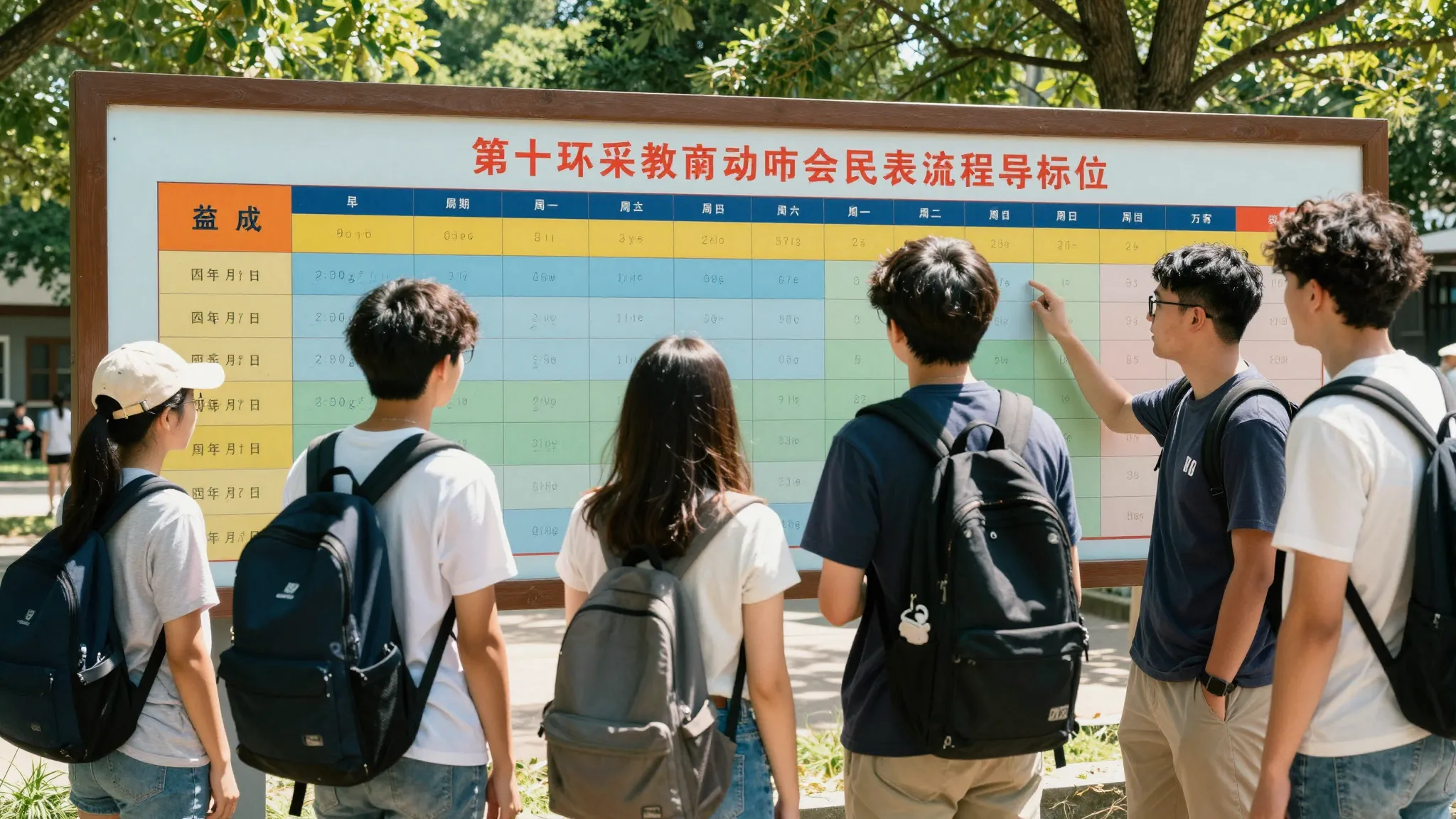 A group of teenagers looking at a large colorful schedule bo...