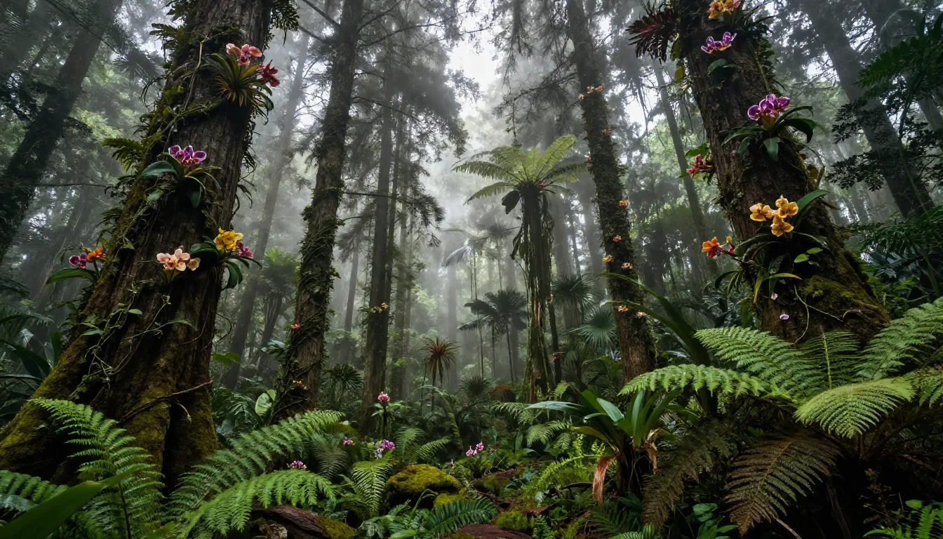 A surreal hybrid forest where deep Siberian taiga meets lush...