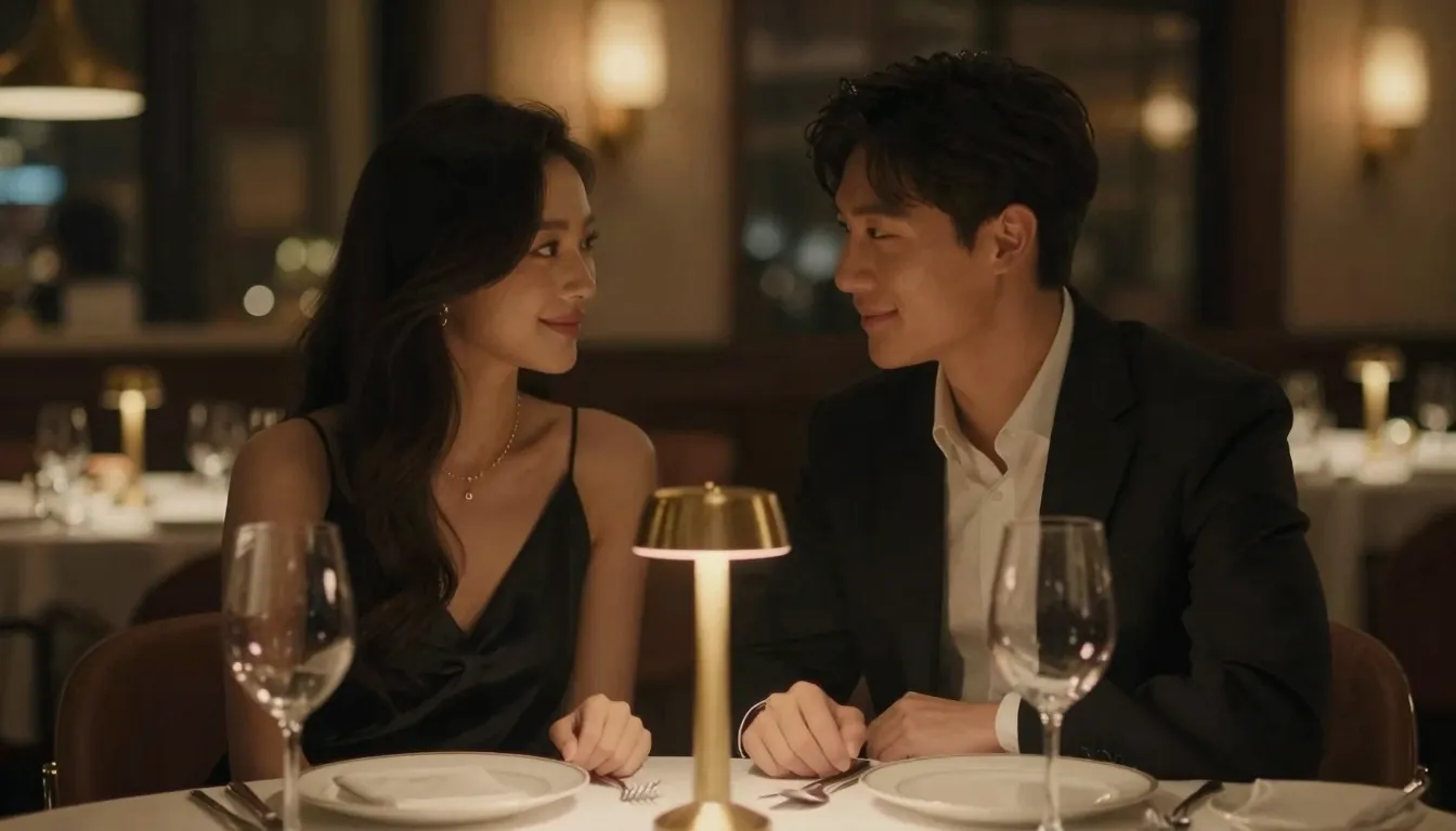 A mysterious and elegant couple on a night date in a dimly l...