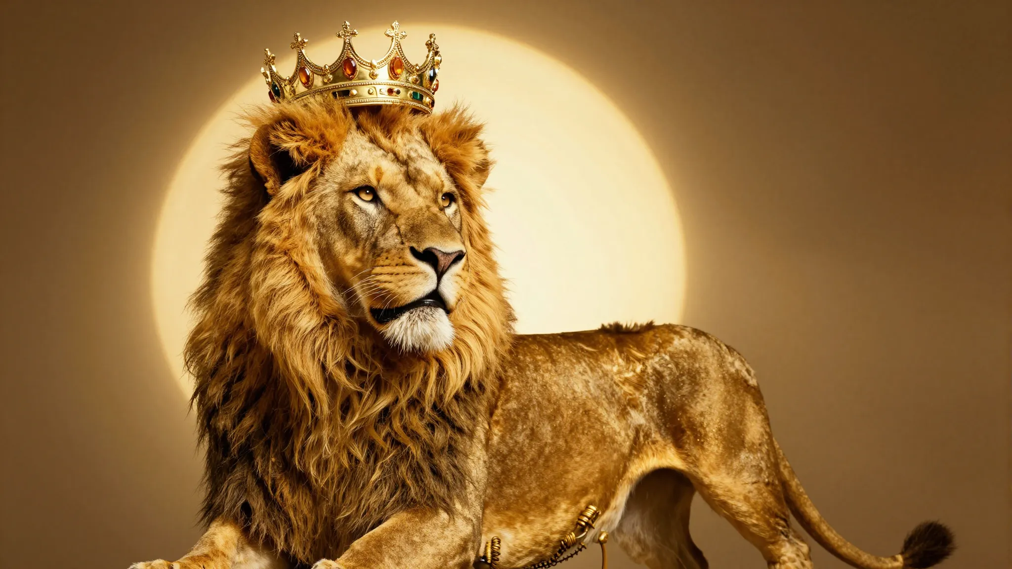 A majestic golden lion with a crown, glowing sun in the back...