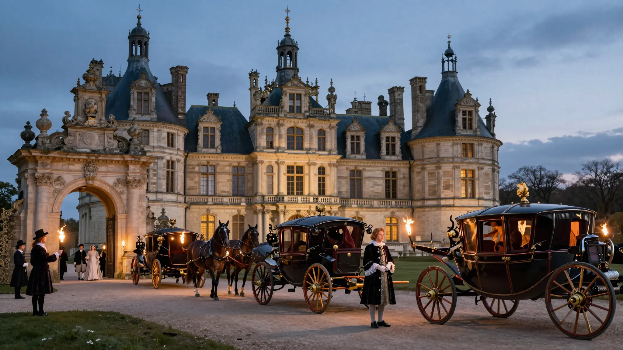 A majestic 17th-century French castle at twilight, numerous ...
