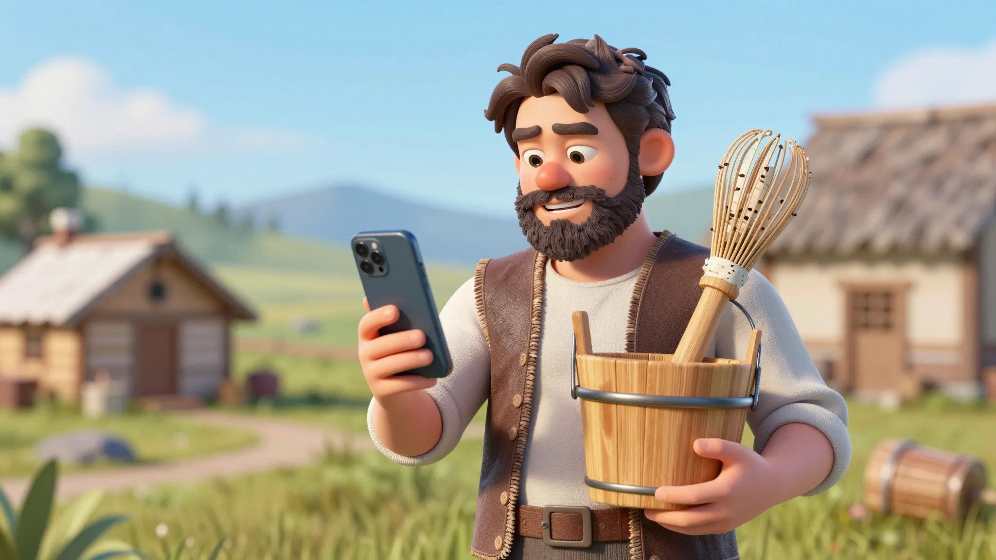 A funny man in a village setting, looking at a smartphone sc...