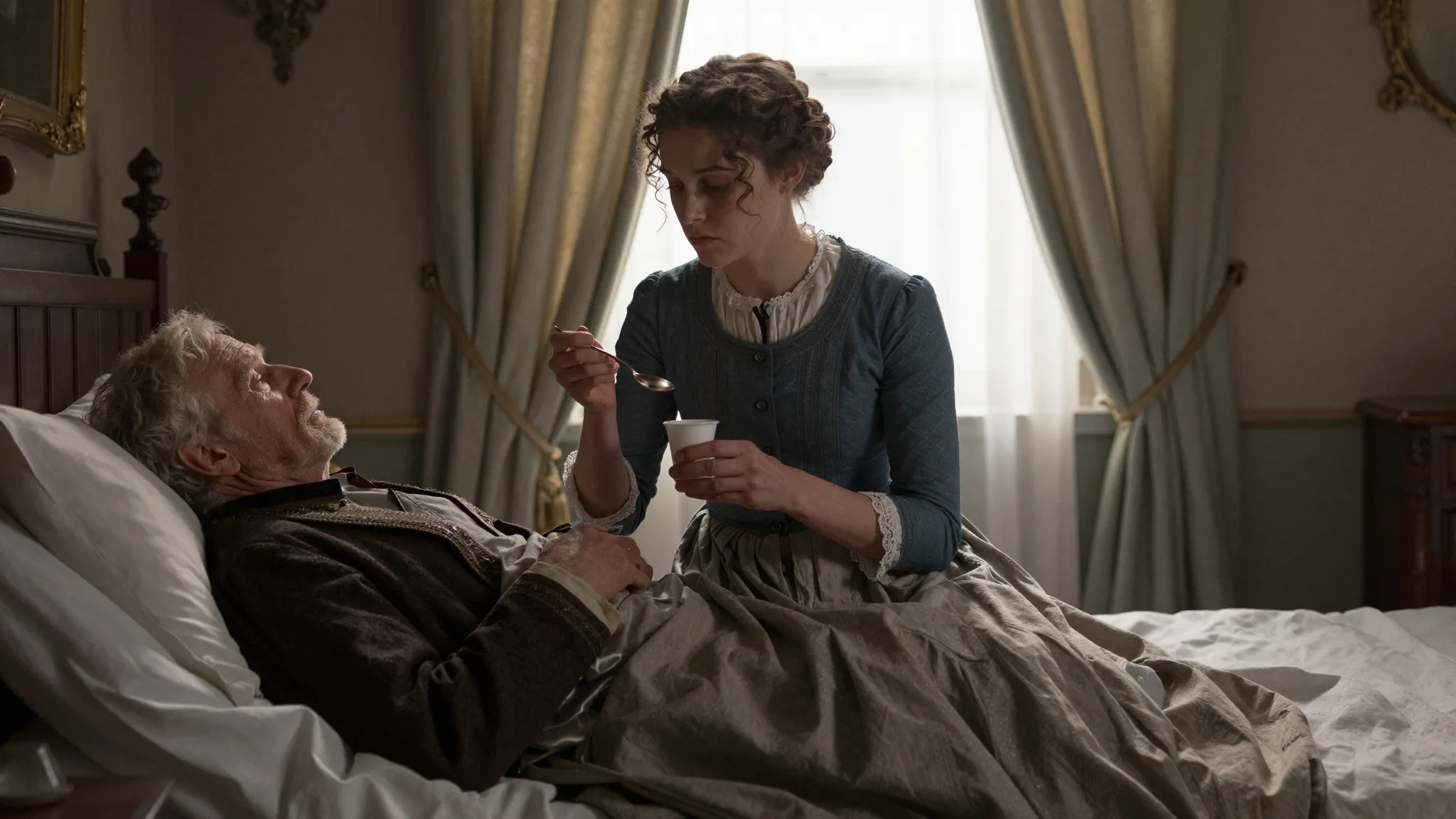 A young woman in a 19th-century dress sitting by the bed of ...