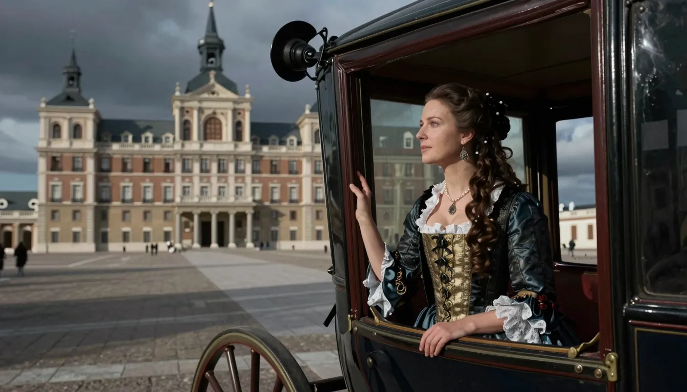 A beautiful woman in a 17th century traveling dress looking ...