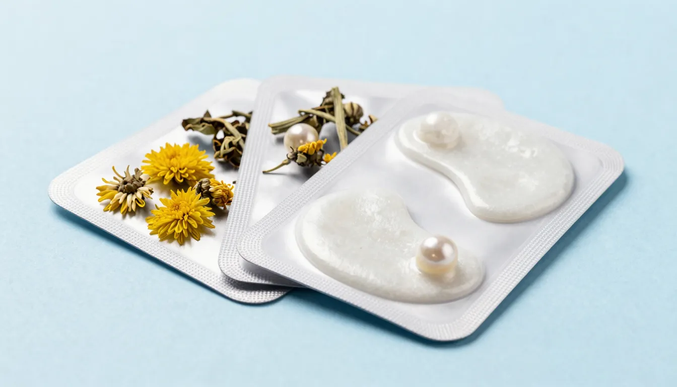 Cosmetic eye patches packaging on a clean background with he...