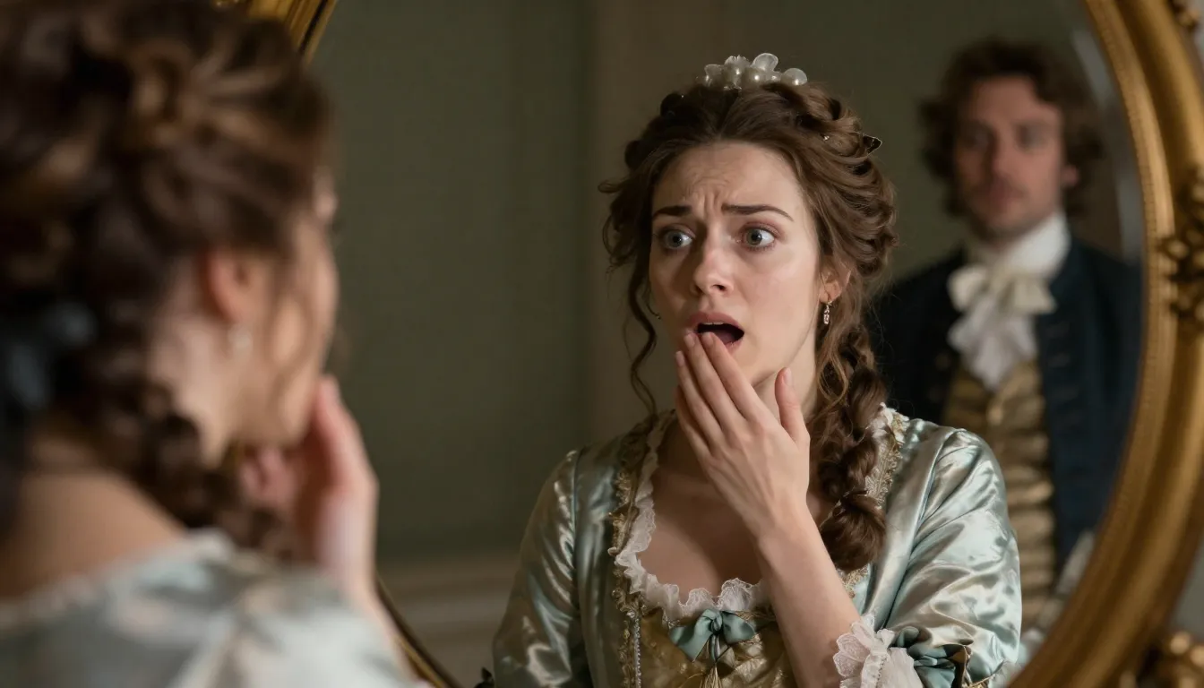 A beautiful 18th-century woman in a silk dress, looking into...