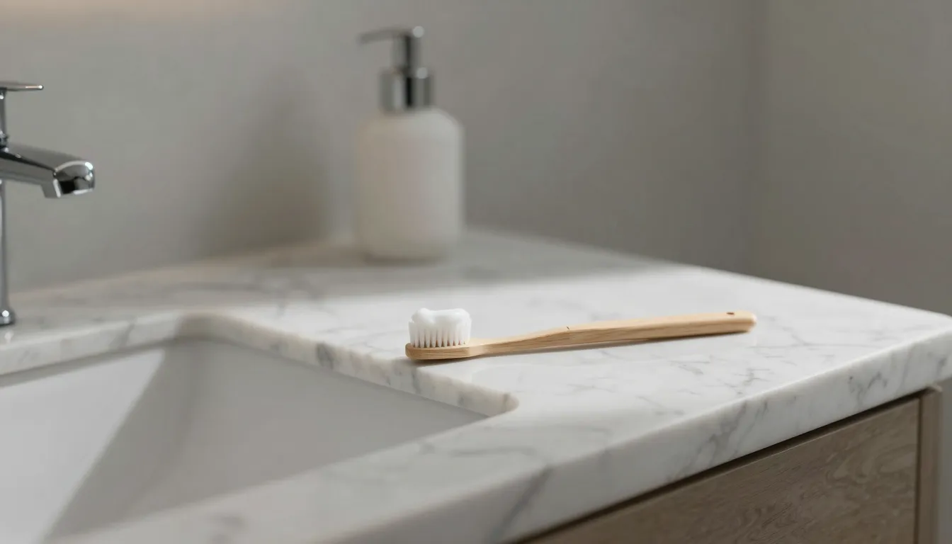 A minimalist bathroom interior in the morning, a toothbrush ...