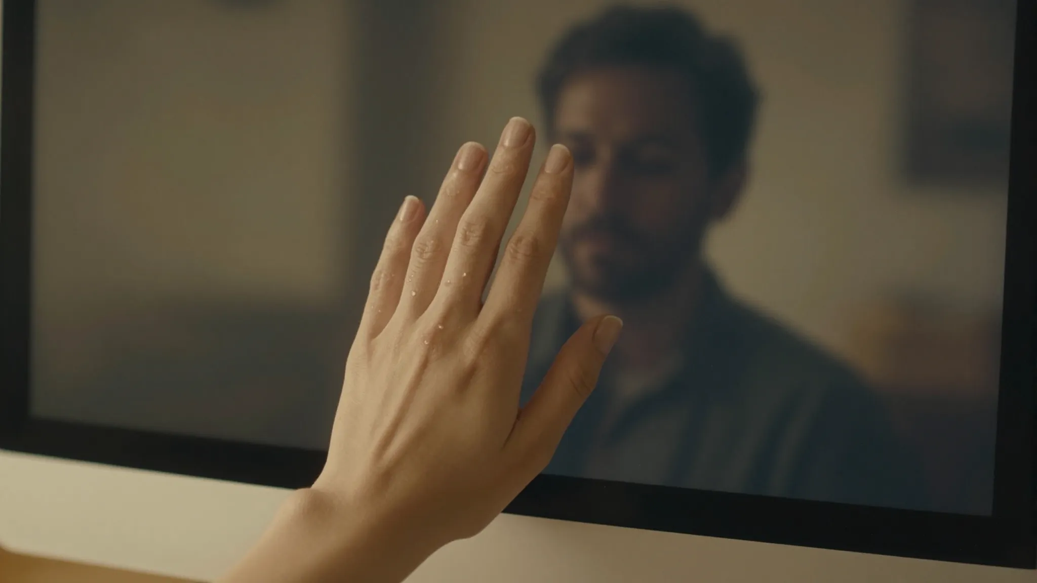 A cinematic, soft-focus shot of a woman's hand gently touchi...