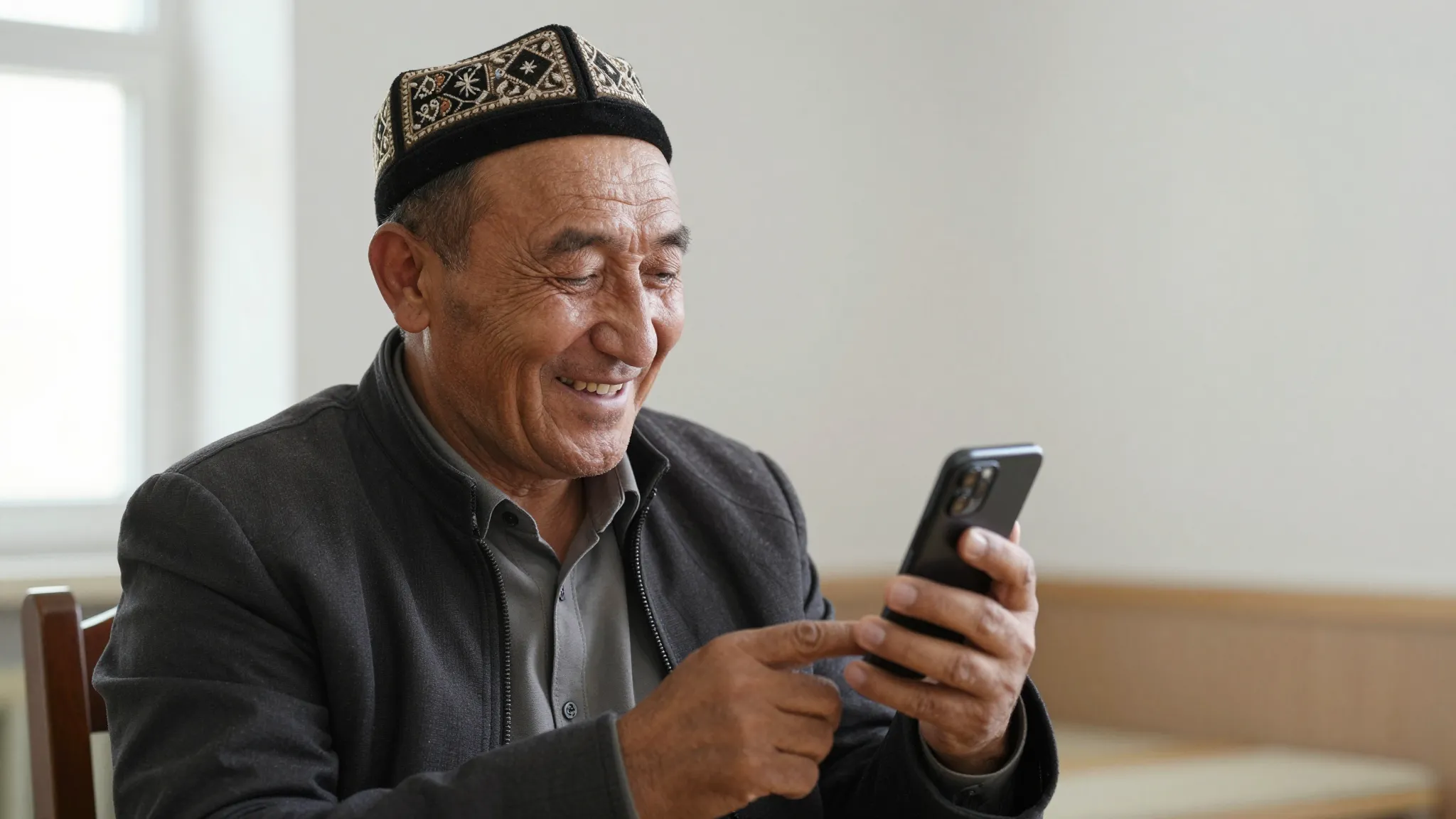 A friendly middle-aged Kyrgyz man with a kind smile, wearing...
