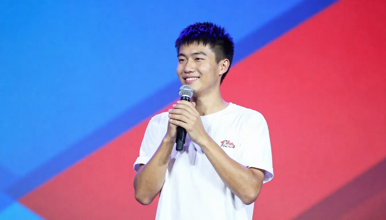 A bright and energetic scene of a youth event, a young man a...