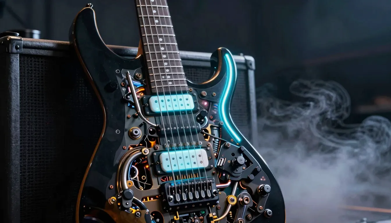 Hyper-realistic electric guitar with glowing neon strings, i...
