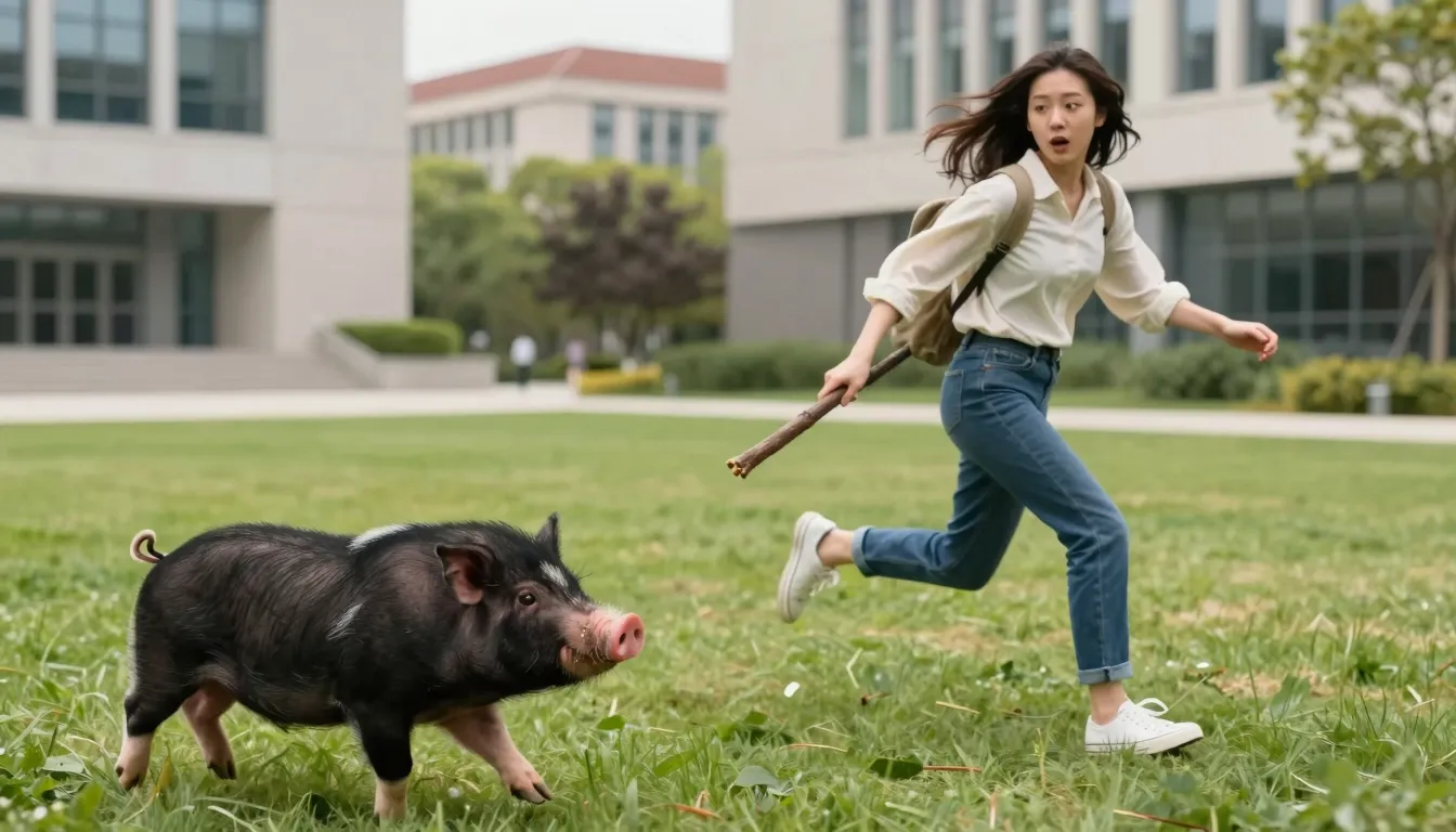 A small, black, shaggy pig chasing a young woman across a mo...
