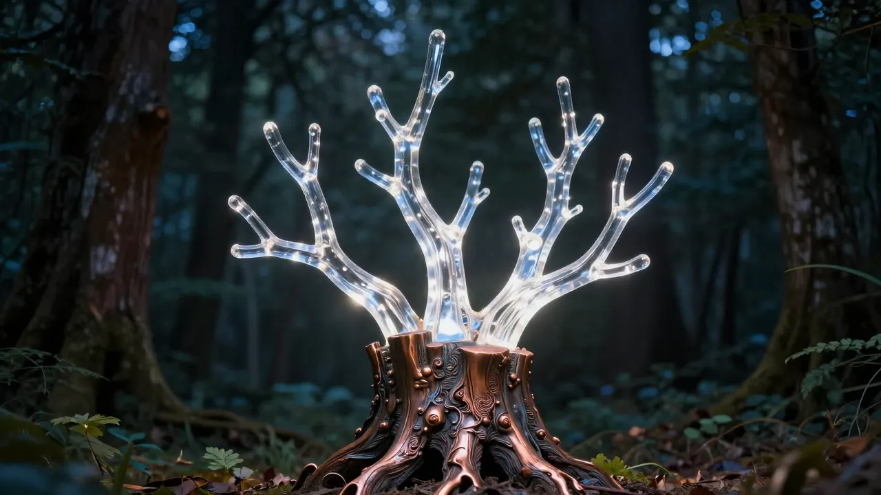 Sculpture of a bronze tree stump with transparent glowing pl...