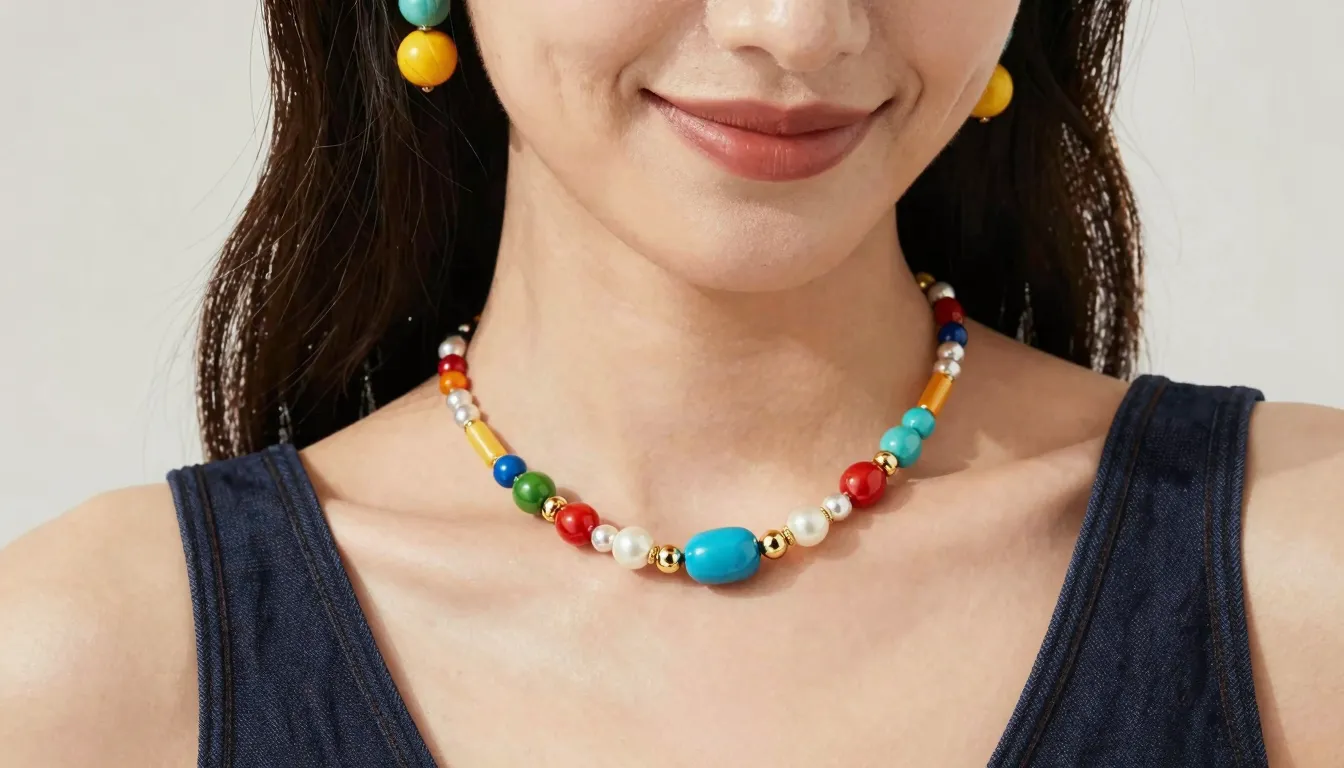 A stylish woman wearing colorful playful jewelry, smiling, b...