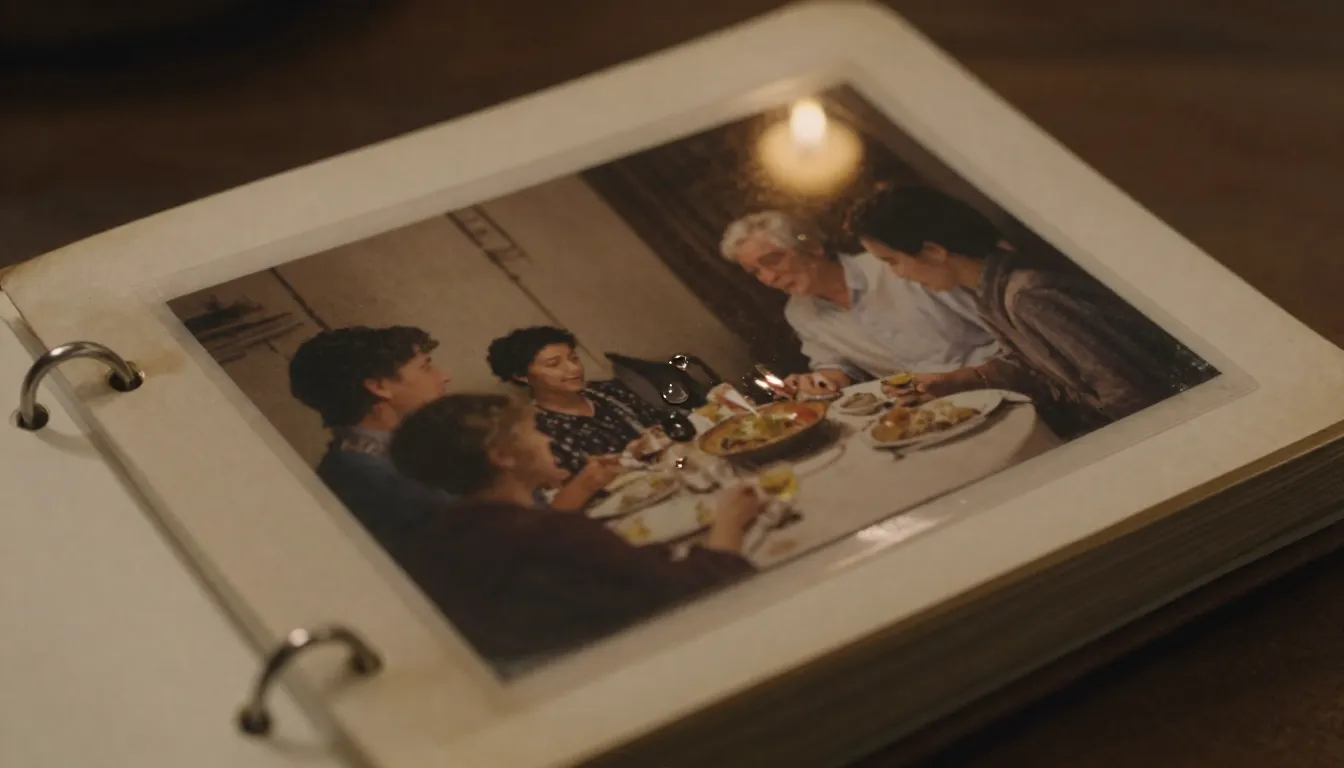 An emotional scene of an old photo album page where a pictur...