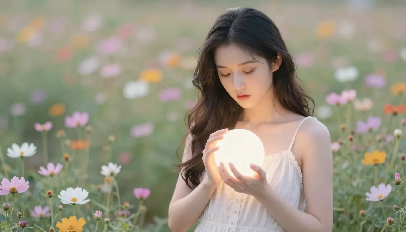 A beautiful woman standing in a field of flowers, holding a ...