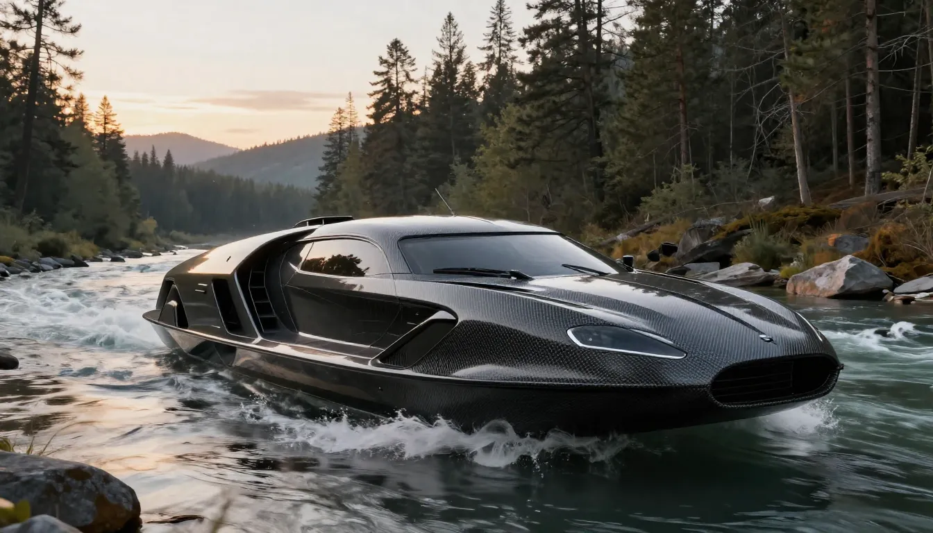 Concept art of a luxury mountain river boat, jet propulsion,...