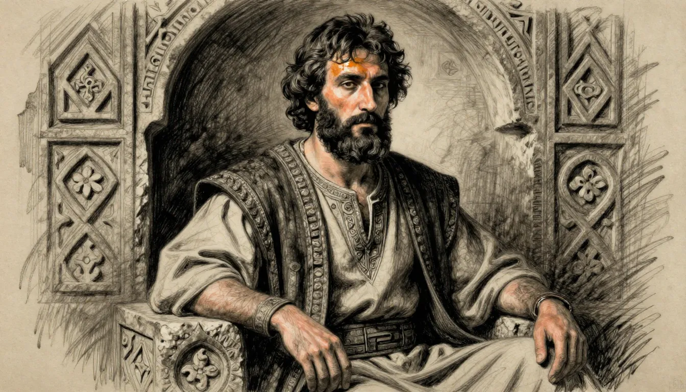 Graphic charcoal drawing of Tsotne Dadiani. He is sitting st...