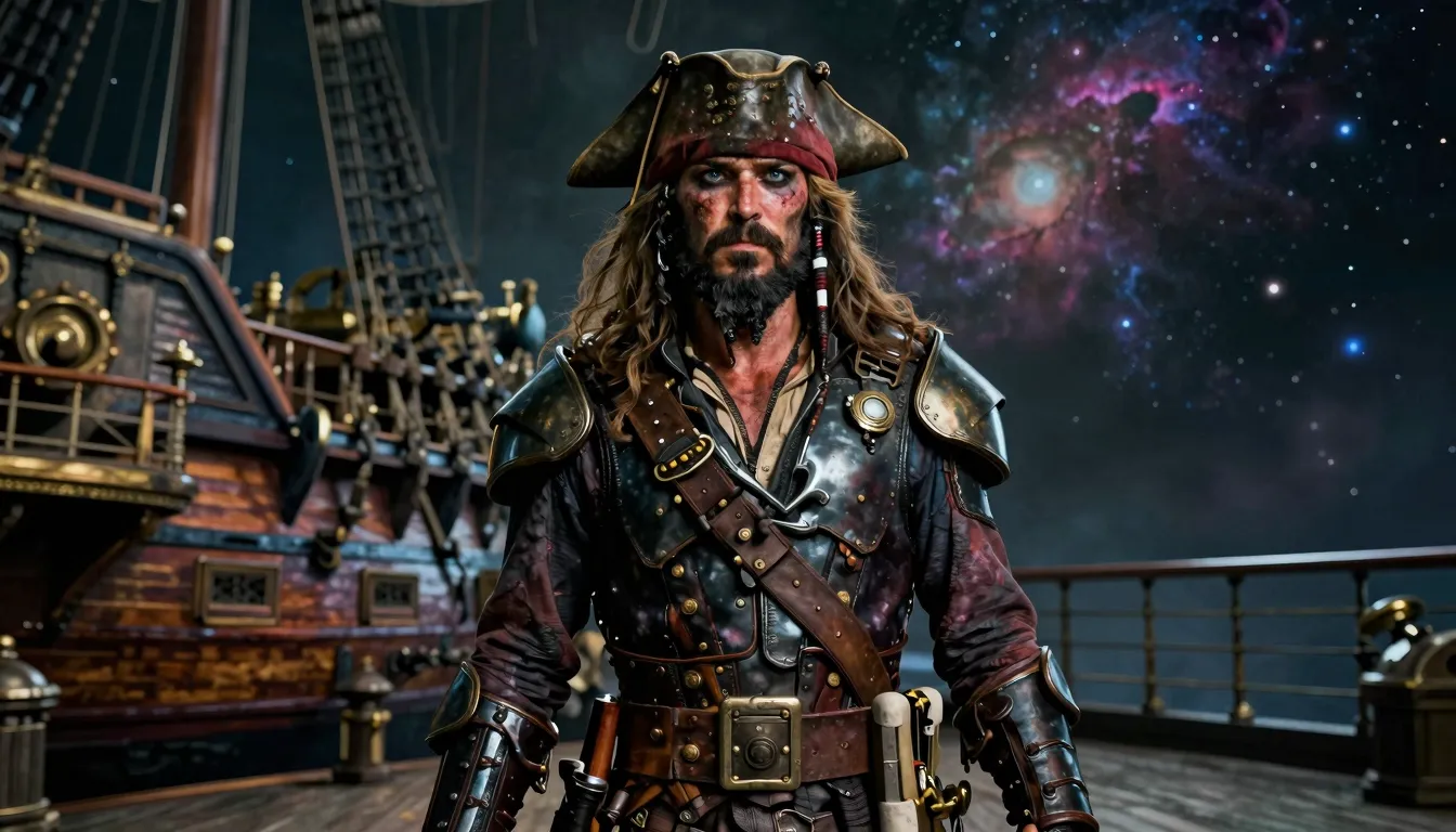 Cinematic portrait of a rugged space pirate captain with a w...