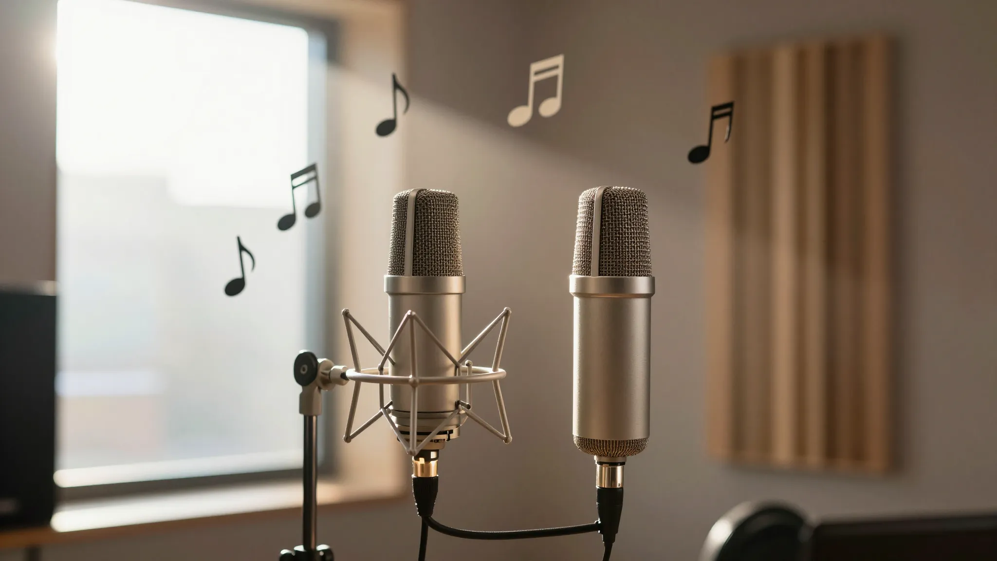 A professional music recording studio with two microphones, ...