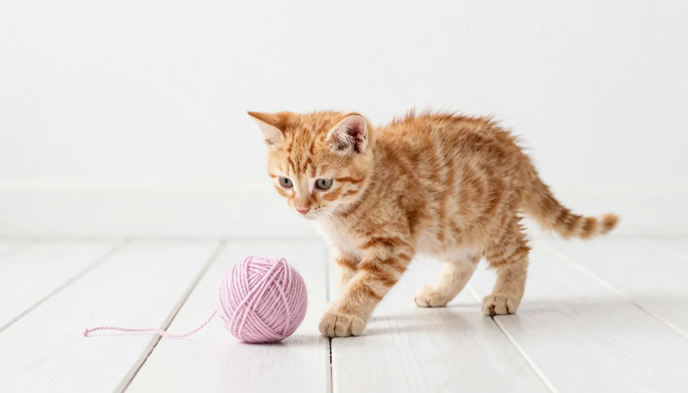 A tiny ginger kitten playing with a ball of yarn on a white ...